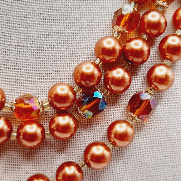 Vintage Japan 1950s Copper Pearl Necklace 3-Strand w/ Topaz Crystals, 18" - Picture 4 of 11